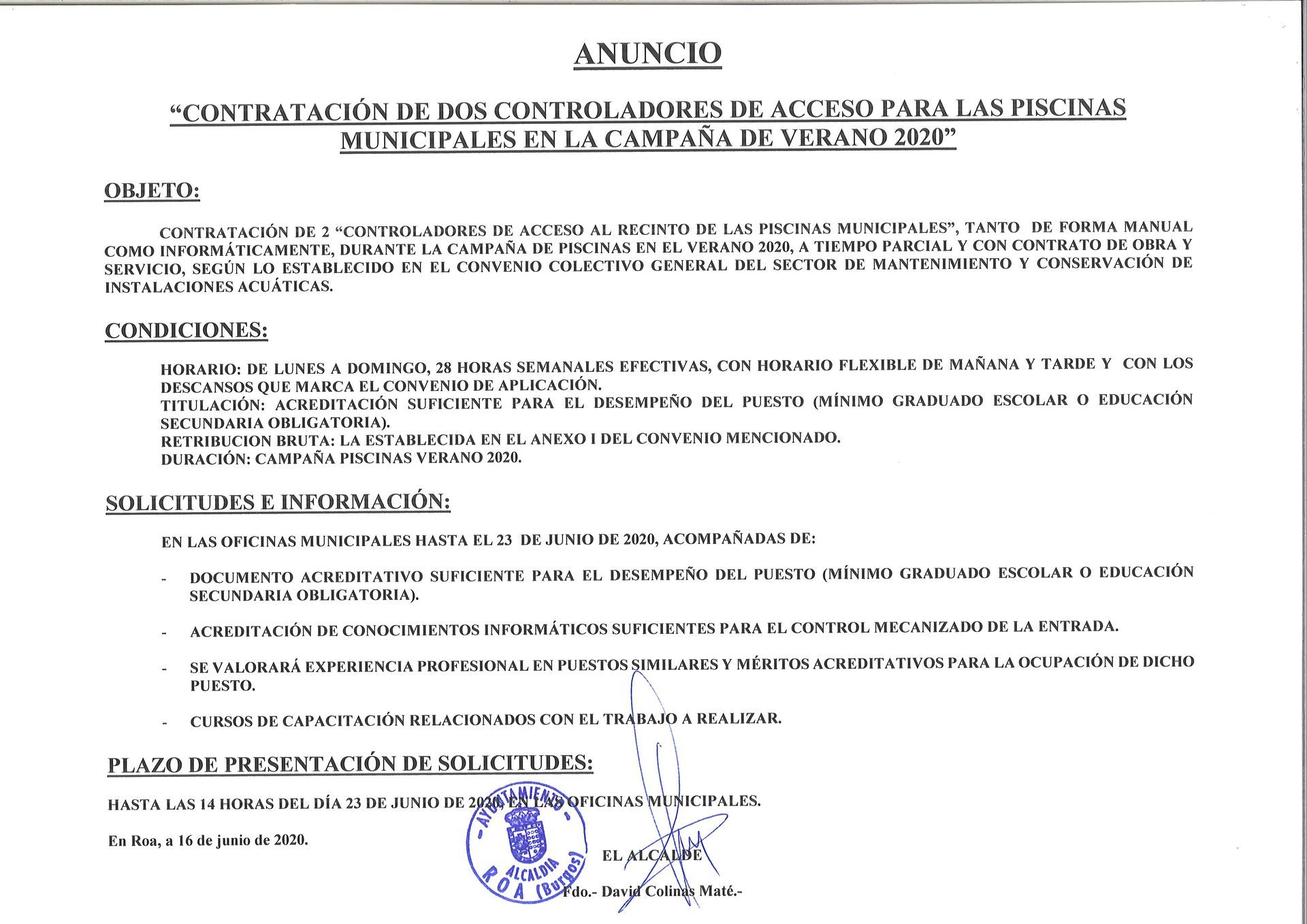 CONTRATACIÓN 2 CONTROLADORES ACCESO PARA LAS PISCINAS VERANO 2020
